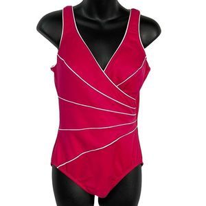 MiracleSuit Slimming Pink White 1 Piece Cross-over SwimSuit Bathing Suit…